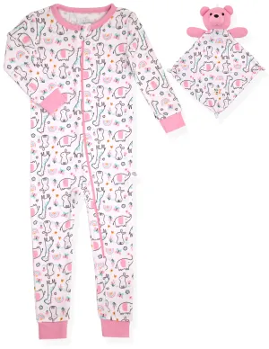 Girls Long Sleeve Super Soft Snuggle Jersey Zip-Up Coverall Pajama with Blankey Buddy- Animal Wonderland.