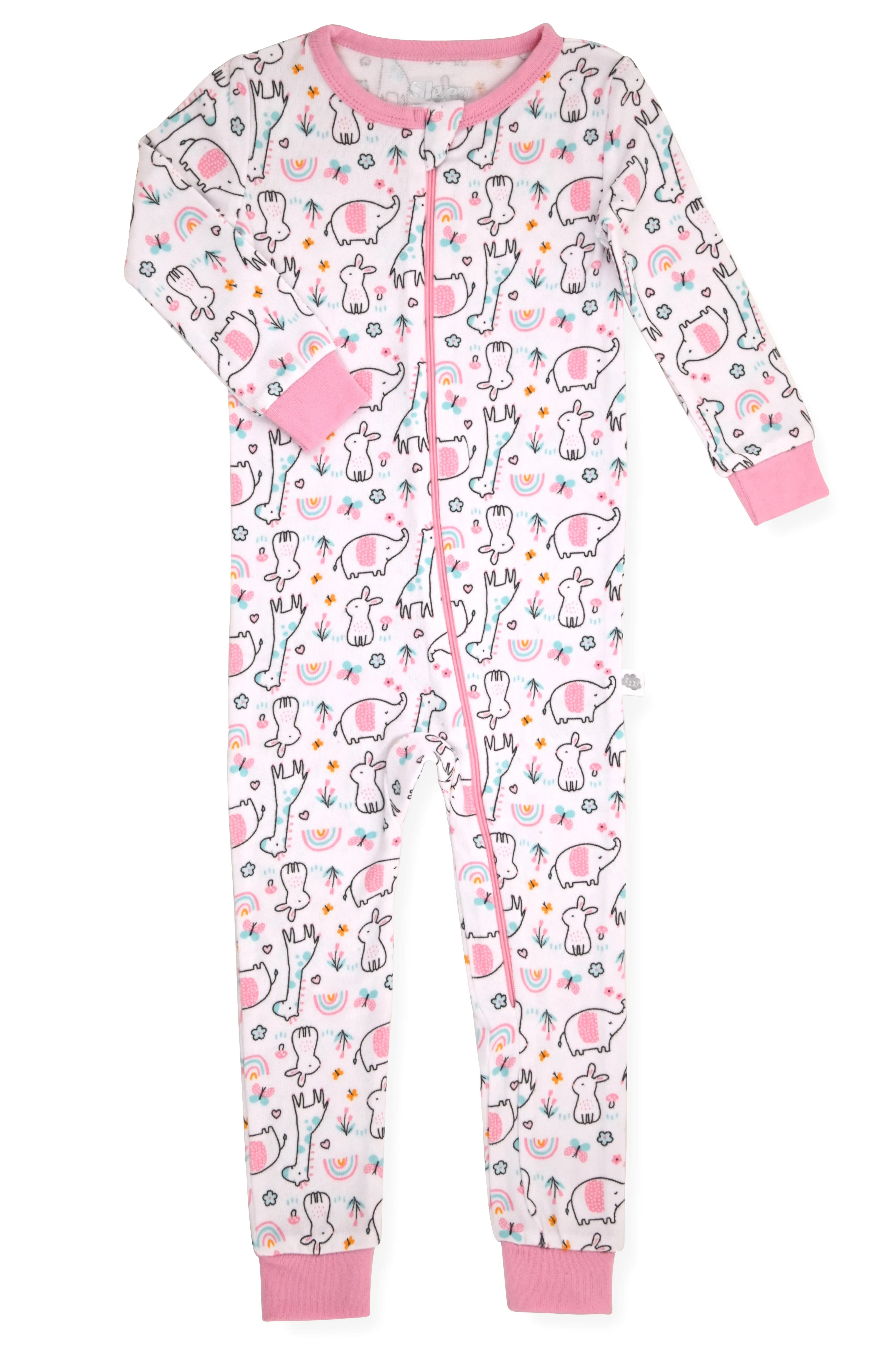 Girls Long Sleeve Super Soft Snuggle Jersey Zip-Up Coverall Pajama with Blankey Buddy- Animal Wonderland.