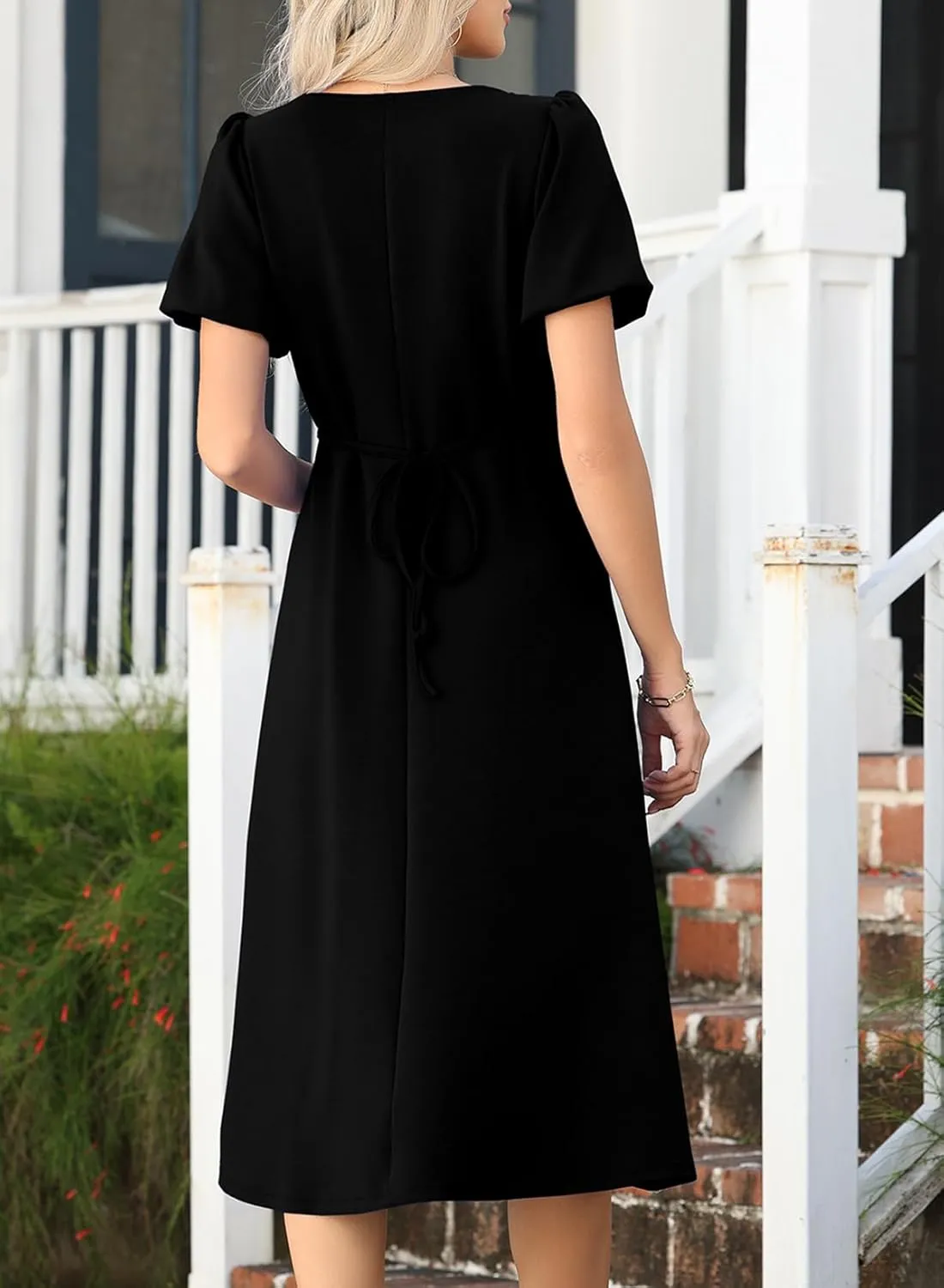 Happy Sailed Women's Summer Short Sleeve Square Neck Ruched Waist Flowy A Line Midi Cocktail Party Dress