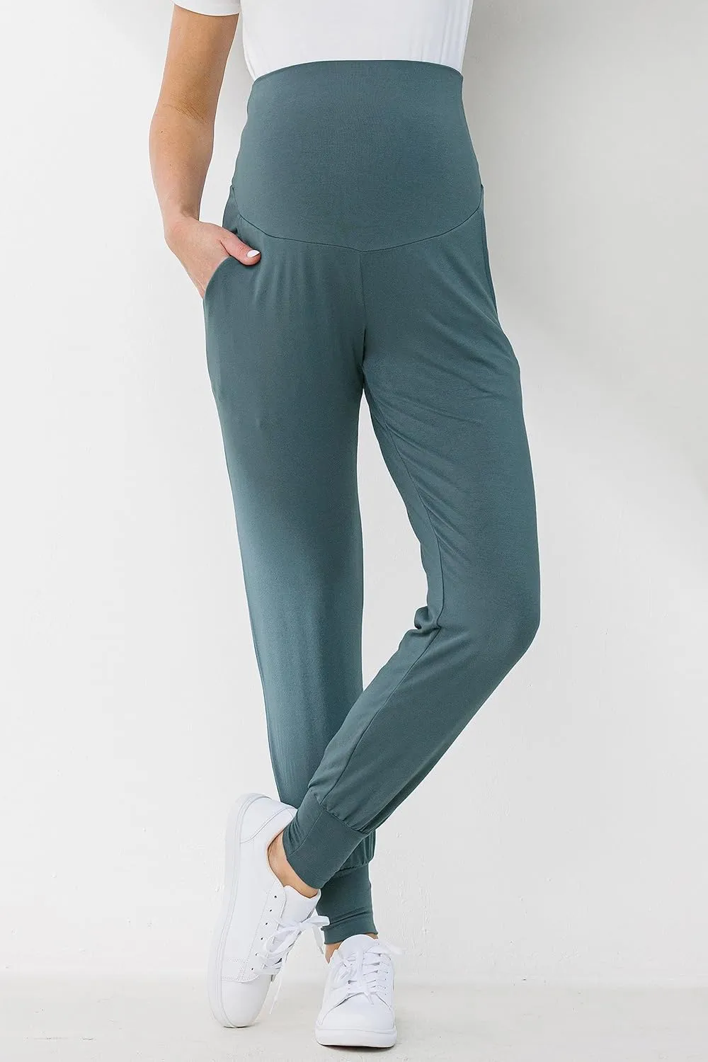LaClef Womens Jogger Over The Belly Maternity Pants with Pockets