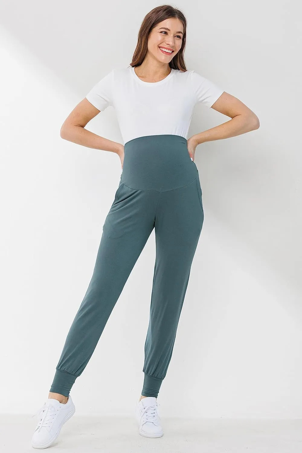 LaClef Womens Jogger Over The Belly Maternity Pants with Pockets