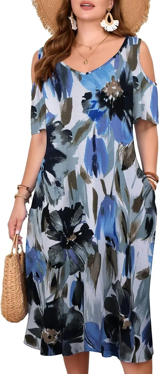 LARACE Plus Size Women Dress for Summer, Midi Women's Sundress, Casual V-Neck Short Sleeve Flowy T-Shirt Dresses with Pockets