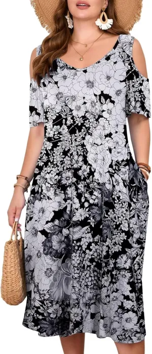 LARACE Plus Size Women Dress for Summer, Midi Women's Sundress, Casual V-Neck Short Sleeve Flowy T-Shirt Dresses with Pockets