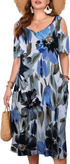 LARACE Plus Size Women Dress for Summer, Midi Women's Sundress, Casual V-Neck Short Sleeve Flowy T-Shirt Dresses with Pockets