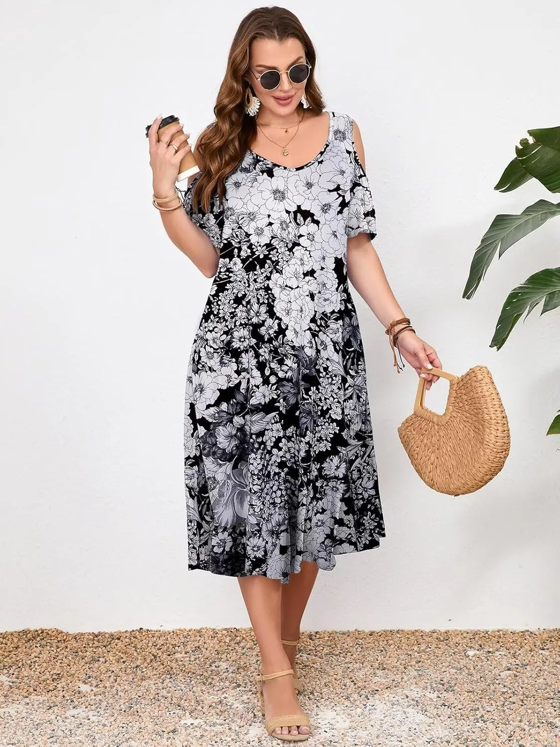 LARACE Plus Size Women Dress for Summer, Midi Women's Sundress, Casual V-Neck Short Sleeve Flowy T-Shirt Dresses with Pockets