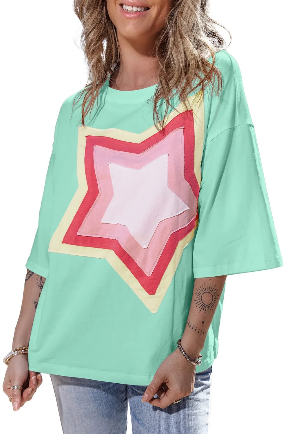 Light Pink Colorblock Star Patched Half Sleeve Oversized Tee