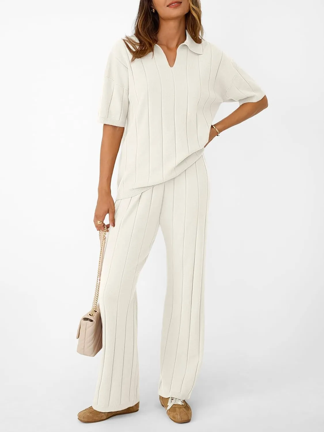 LILLUSORY Womens 2 Piece Ribbed Knit Lounge Sets Casual V Neck Top Pants Vacation Outfits