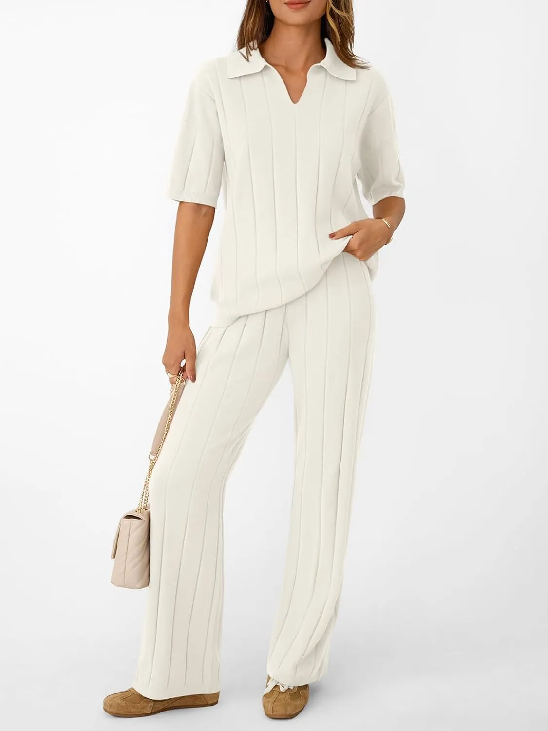 LILLUSORY Womens 2 Piece Ribbed Knit Lounge Sets Casual V Neck Top Pants Vacation Outfits