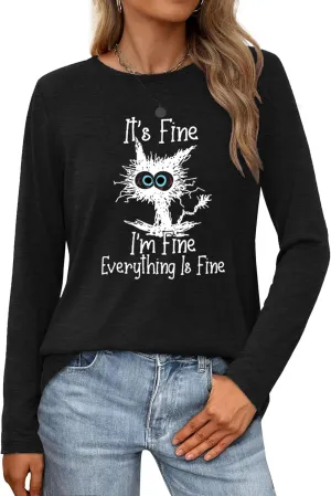 Long Sleeve T Shirts for Women Cute Cat Graphic Tees Im Fine Everything is Fine Tops Fall Crewneck Blouse Casual Outfits