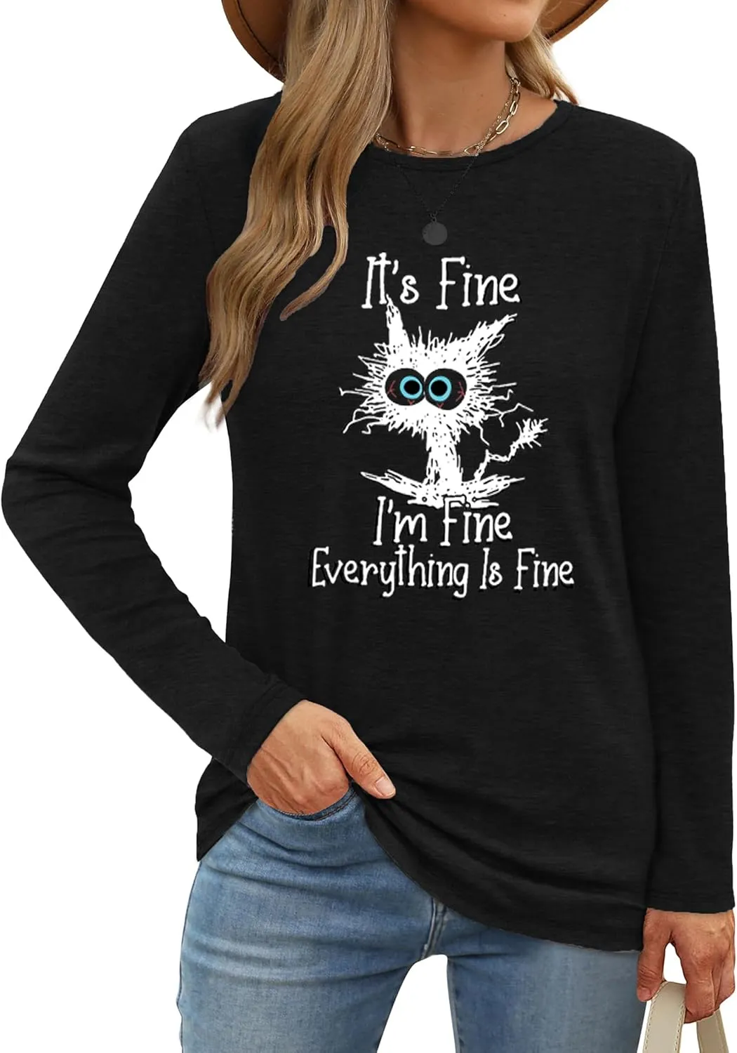 Long Sleeve T Shirts for Women Cute Cat Graphic Tees Im Fine Everything is Fine Tops Fall Crewneck Blouse Casual Outfits