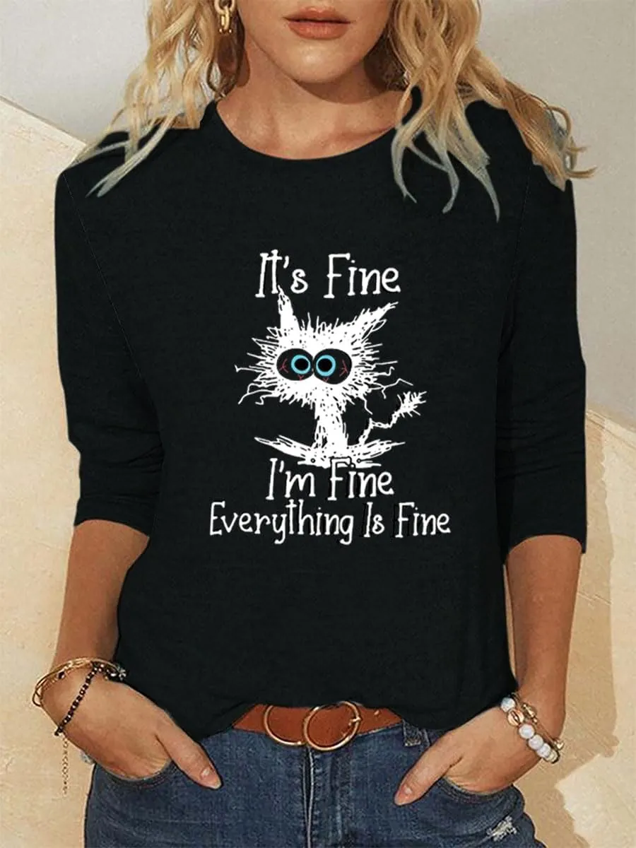 Long Sleeve T Shirts for Women Cute Cat Graphic Tees Im Fine Everything is Fine Tops Fall Crewneck Blouse Casual Outfits