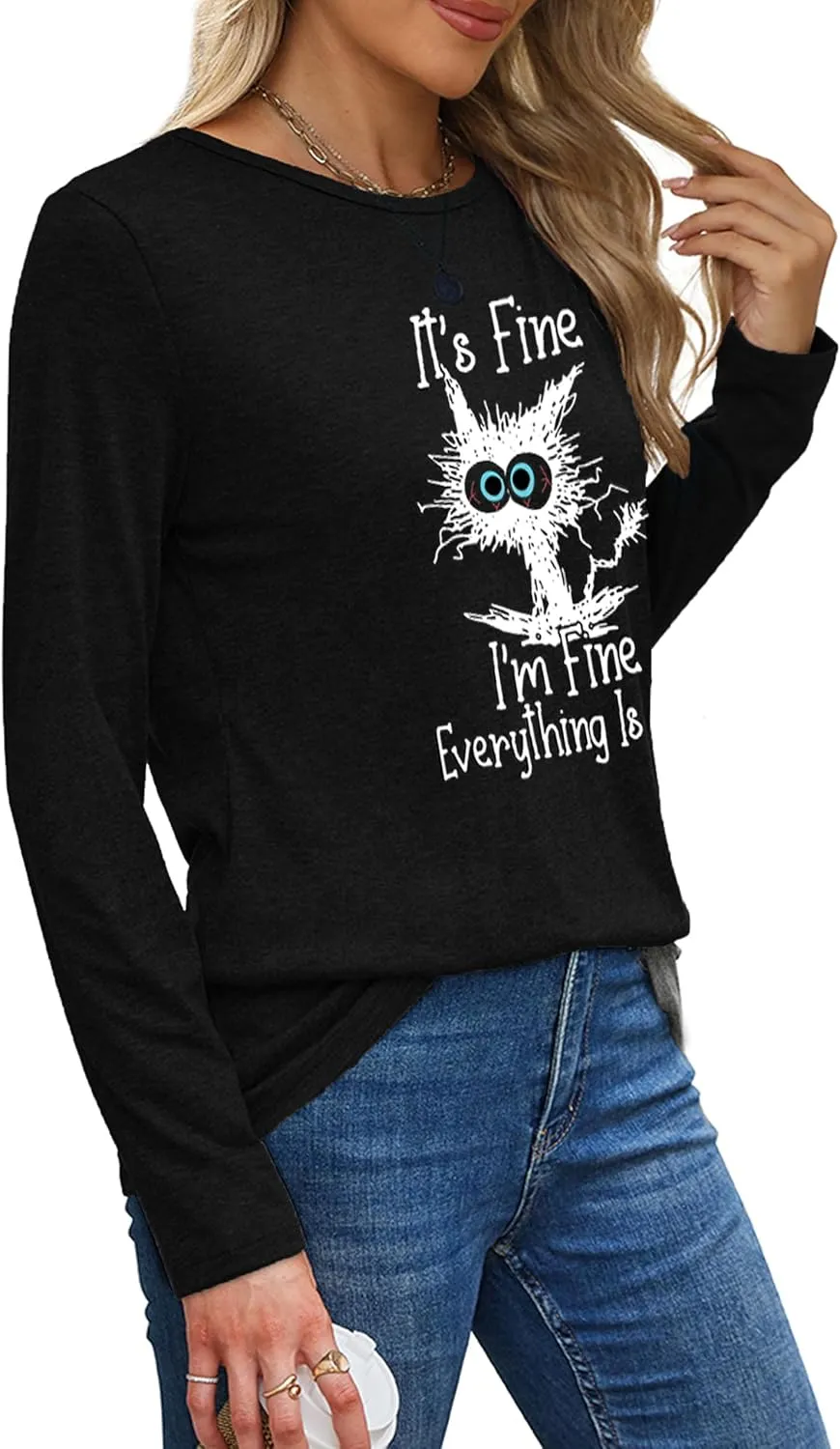 Long Sleeve T Shirts for Women Cute Cat Graphic Tees Im Fine Everything is Fine Tops Fall Crewneck Blouse Casual Outfits