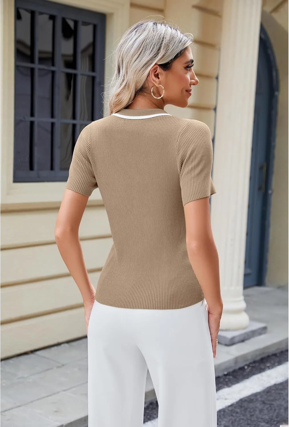 luvamia Blouses for Women Dressy Casual Knit Trendy Tops Summer Short Sleeve Color Block Button Up Collared Polo Shirt