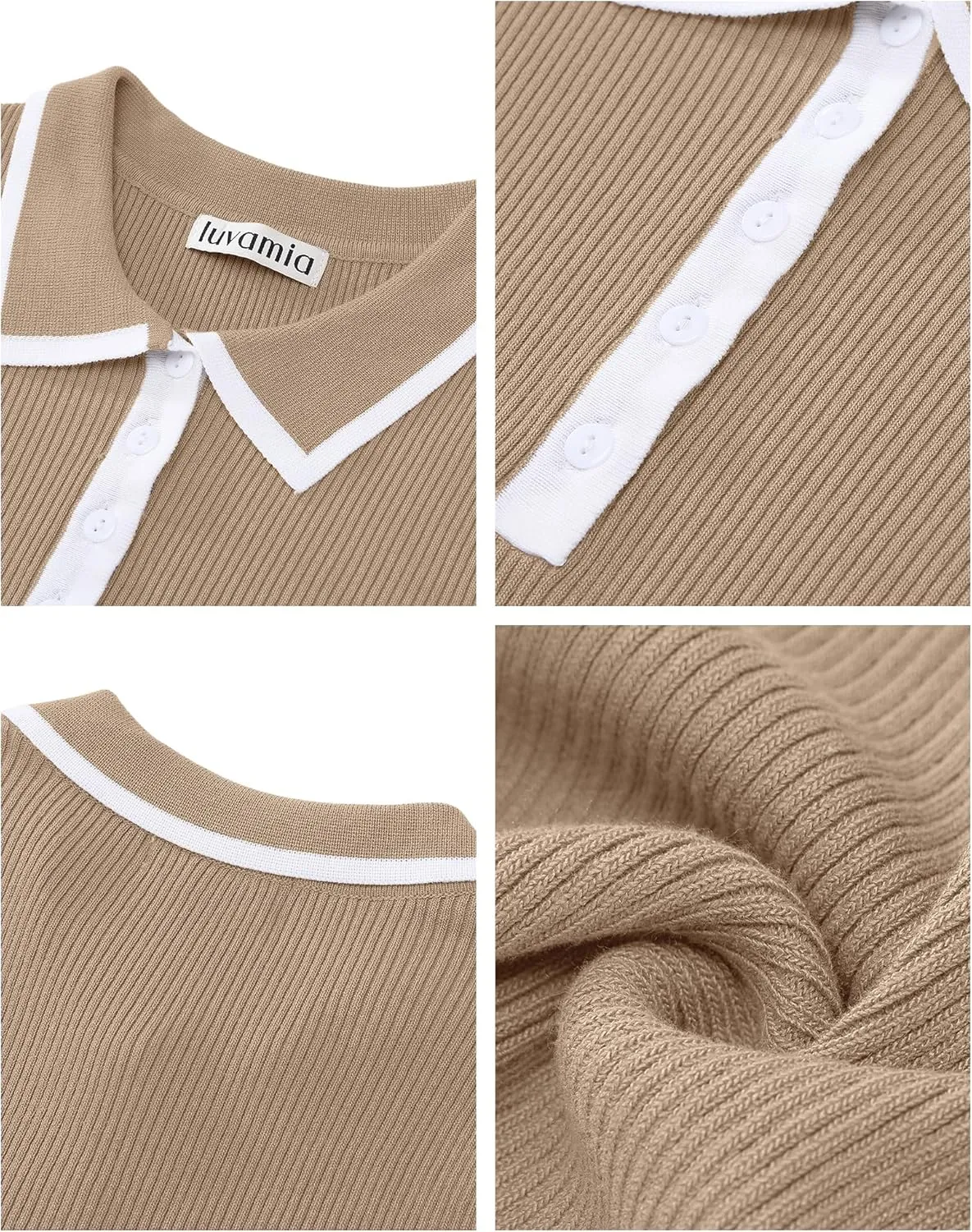 luvamia Blouses for Women Dressy Casual Knit Trendy Tops Summer Short Sleeve Color Block Button Up Collared Polo Shirt