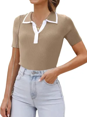 luvamia Blouses for Women Dressy Casual Knit Trendy Tops Summer Short Sleeve Color Block Button Up Collared Polo Shirt