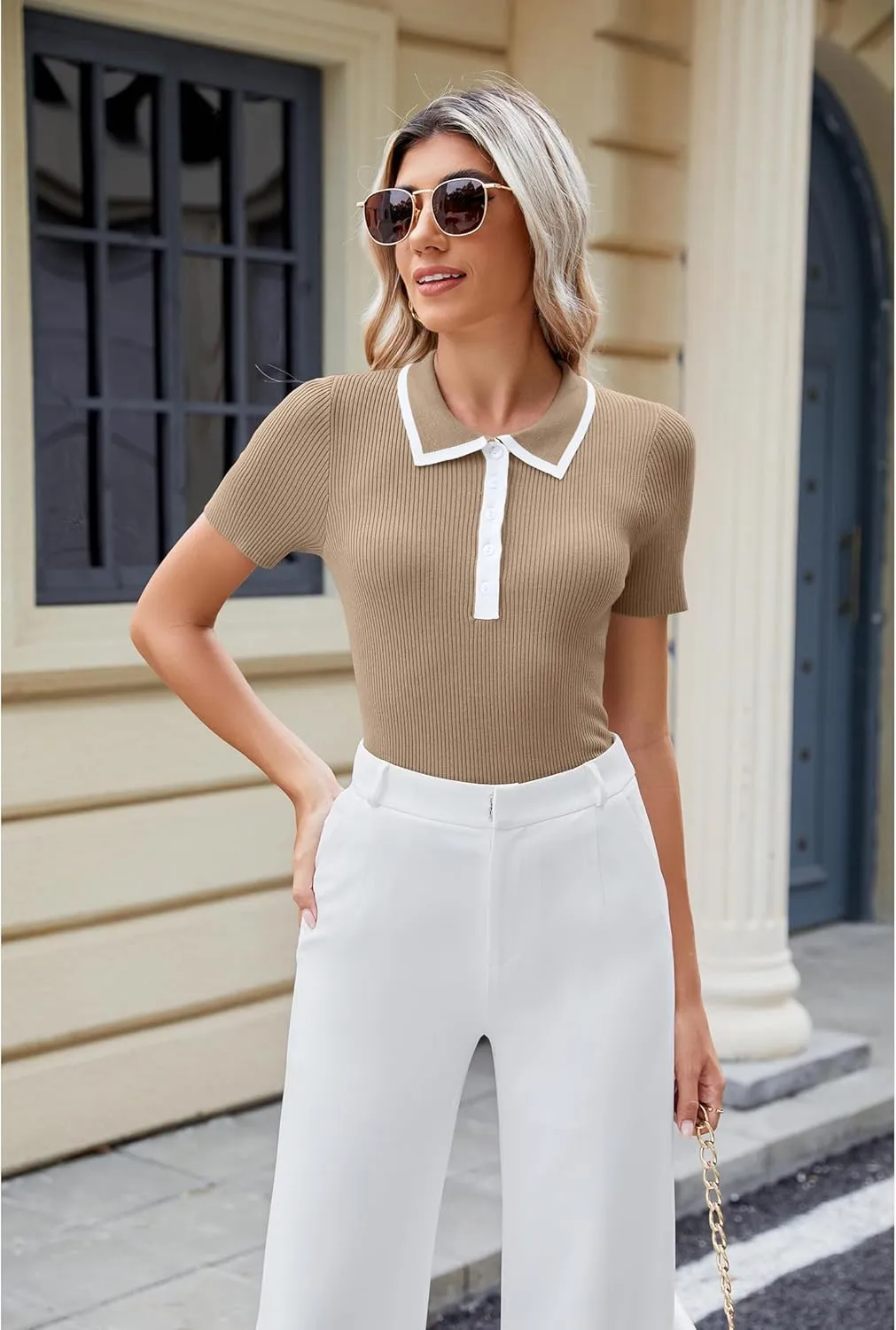 luvamia Blouses for Women Dressy Casual Knit Trendy Tops Summer Short Sleeve Color Block Button Up Collared Polo Shirt