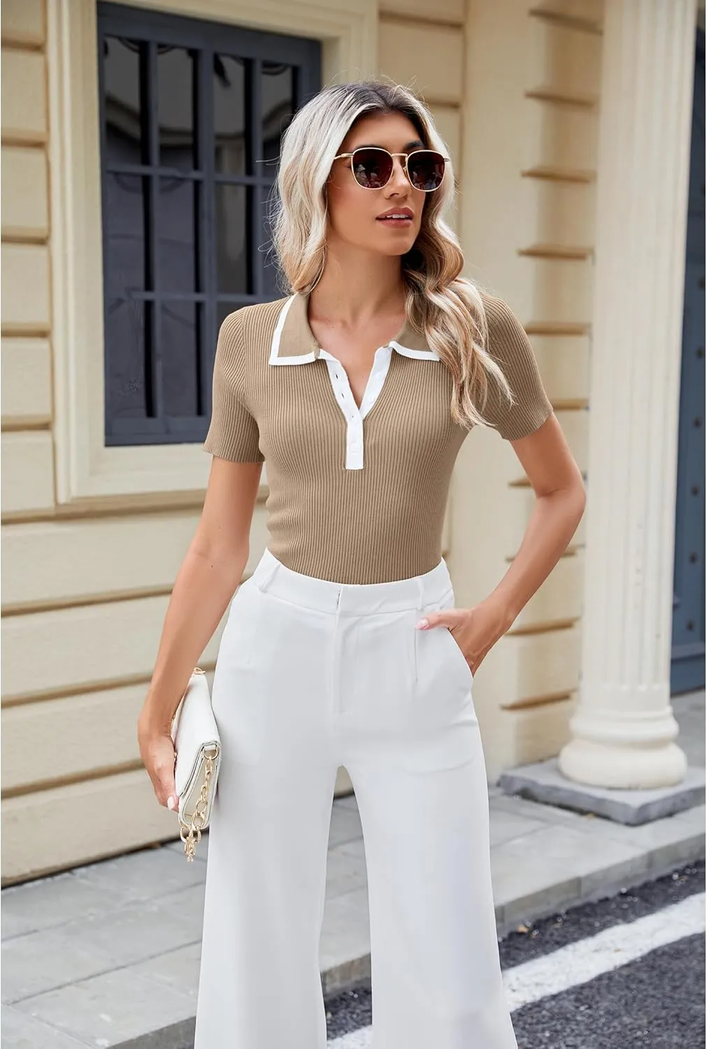 luvamia Blouses for Women Dressy Casual Knit Trendy Tops Summer Short Sleeve Color Block Button Up Collared Polo Shirt