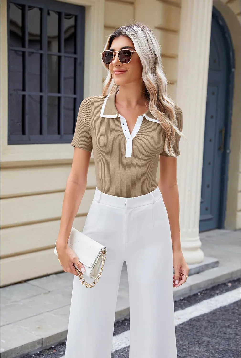 luvamia Blouses for Women Dressy Casual Knit Trendy Tops Summer Short Sleeve Color Block Button Up Collared Polo Shirt