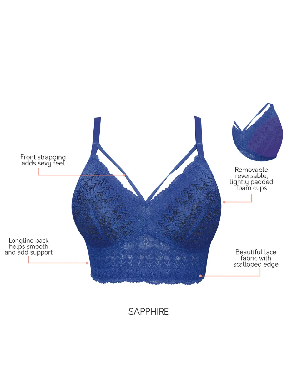 Parfait Mia Lace Dot Bra Wirefree Padded Mesh Bralette, Sapphire | Blue Lace Bralette Bra | Lace Longline Bras