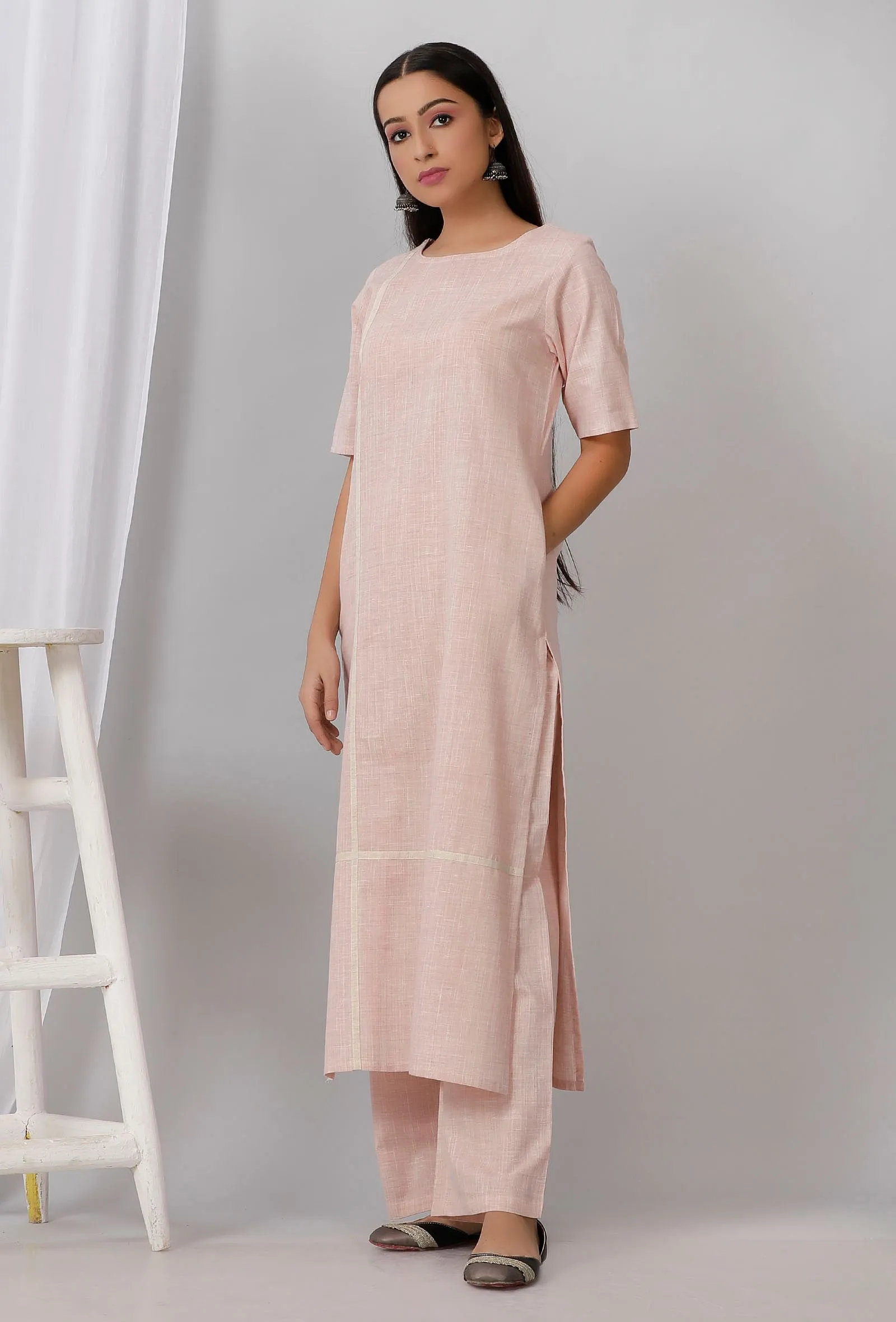 Rose Pink Cotton Khadi Kurta With Round Neck