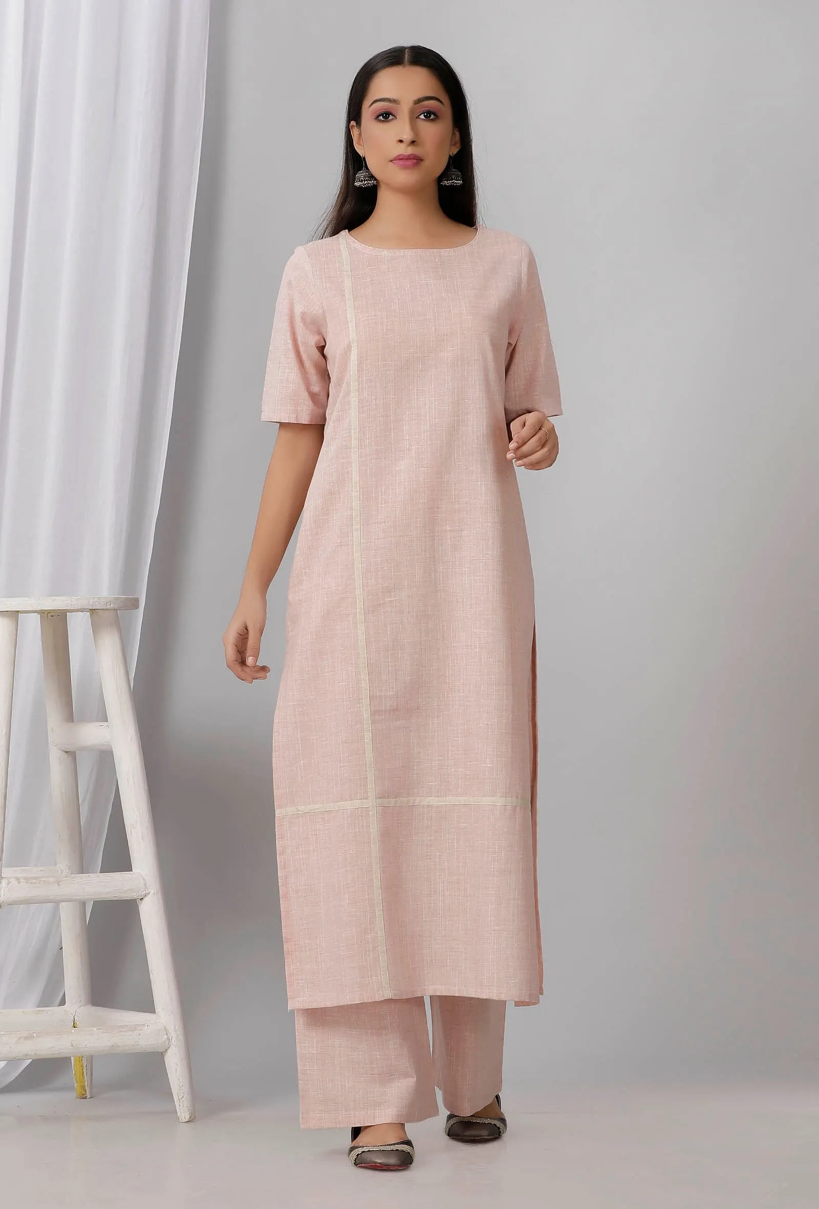 Rose Pink Cotton Khadi Kurta With Round Neck