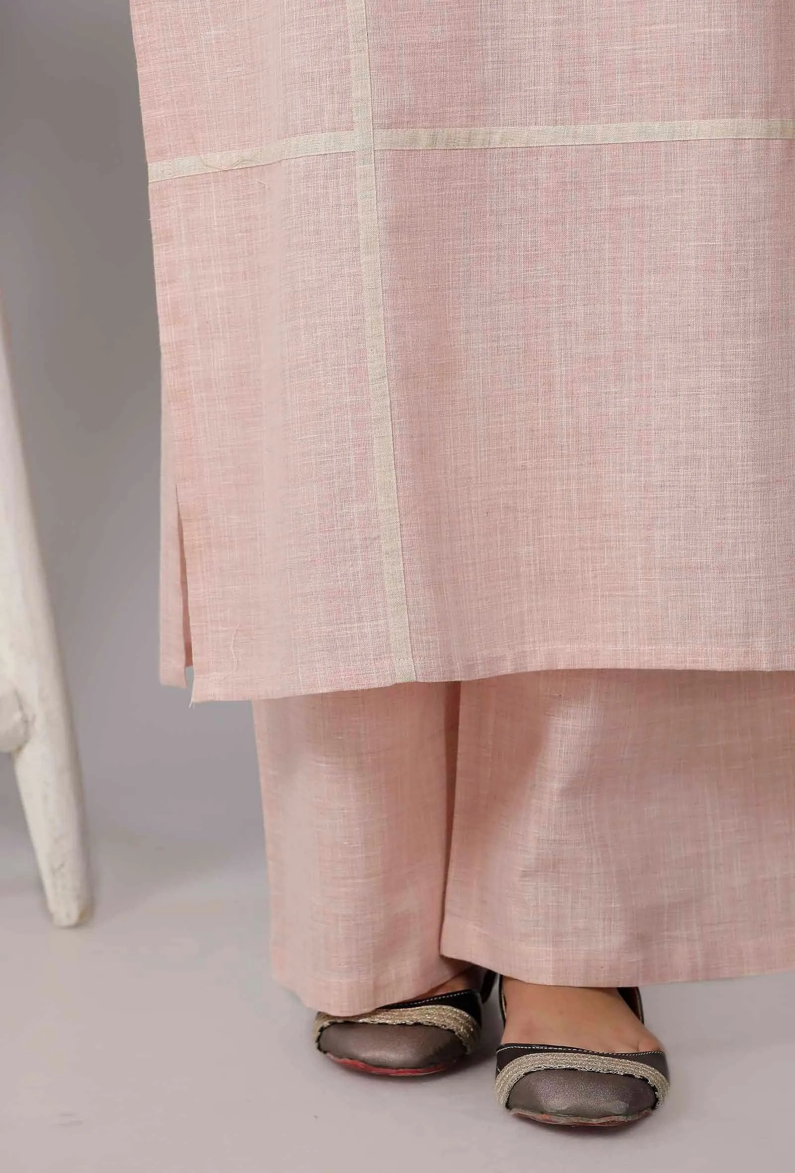 Rose Pink Cotton Khadi Kurta With Round Neck