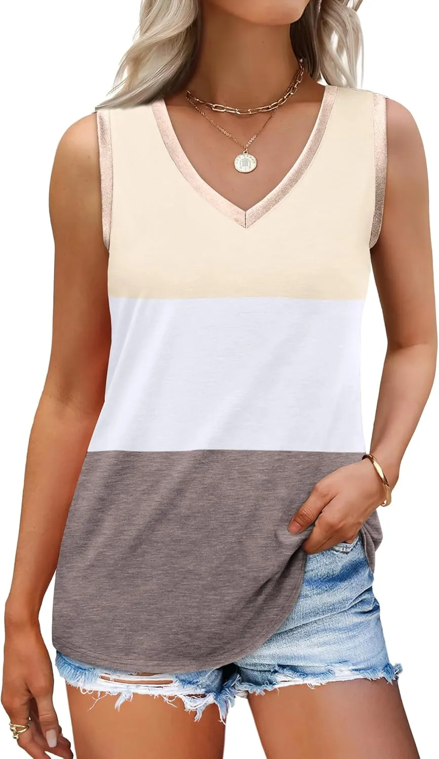 SAMPEEL Tank Tops for Women Summer Trendy V Neck Tops Shiny Trim Loose Fit Casual Sleeveless Shirts Fashion 2025