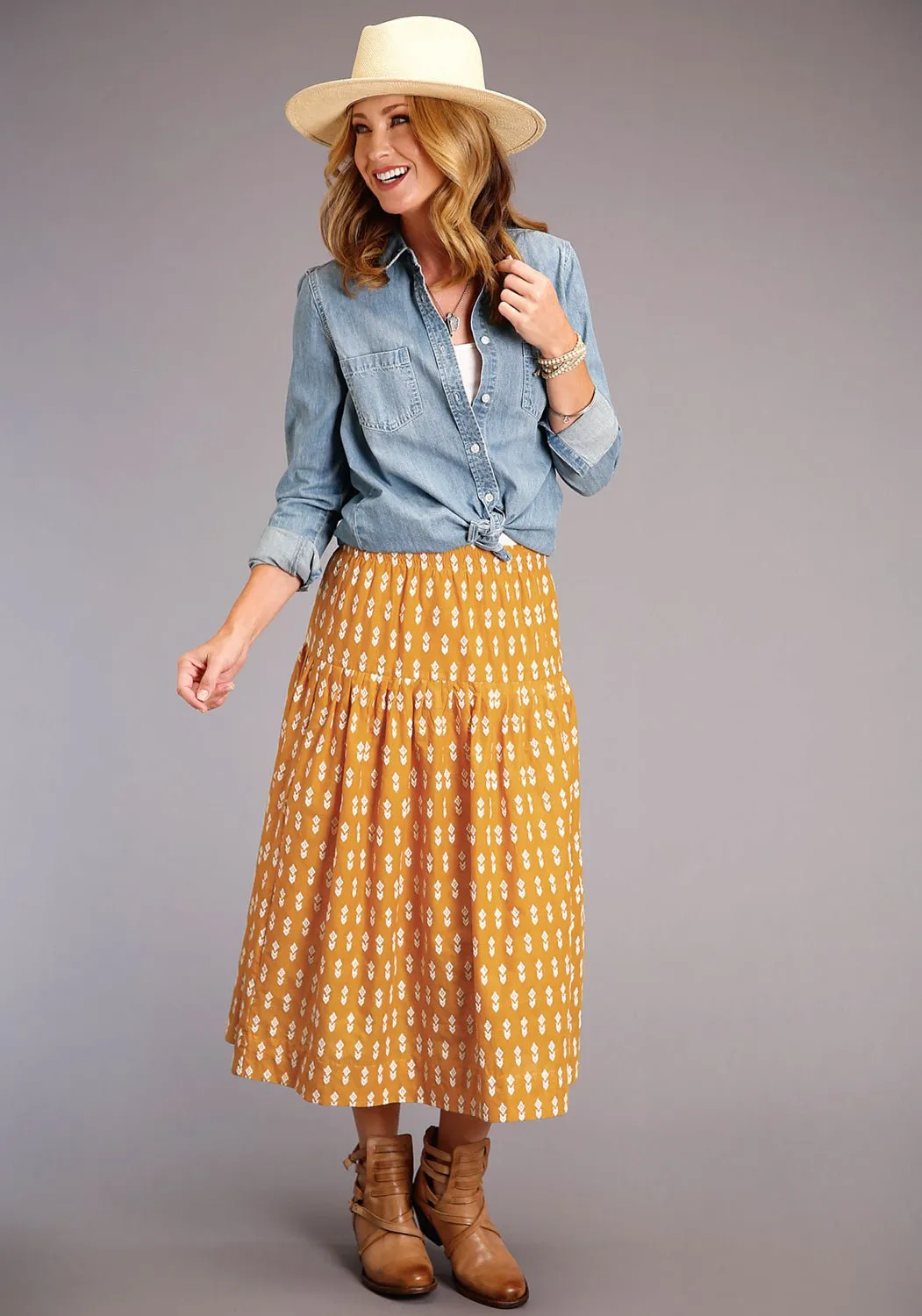 Stetson Womens Yellow 100% Cotton Aztec Schiffli Skirt XL