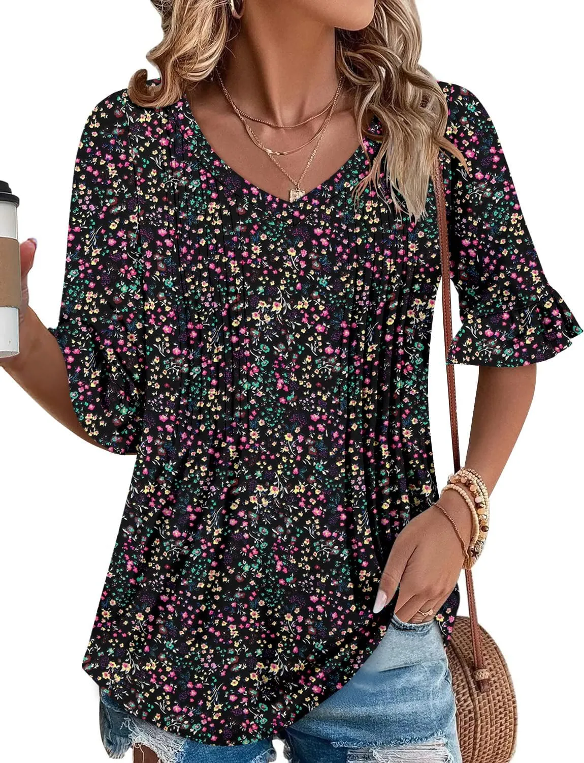StunShow Womens Blouses Short Sleeve Summer Shirts Tunic Tops for Women Floral Women Tops Dressy Casual