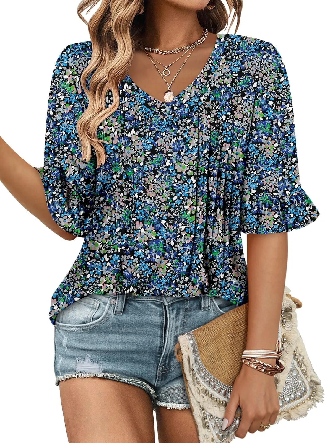 StunShow Womens Blouses Short Sleeve Summer Shirts Tunic Tops for Women Floral Women Tops Dressy Casual