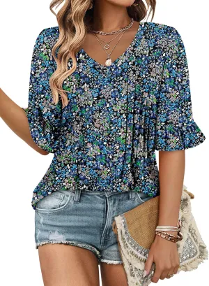 StunShow Womens Blouses Short Sleeve Summer Shirts Tunic Tops for Women Floral Women Tops Dressy Casual