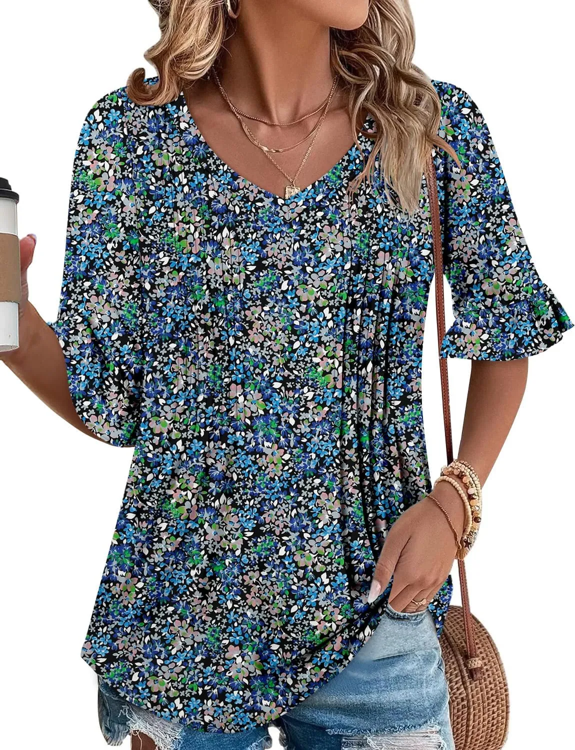 StunShow Womens Blouses Short Sleeve Summer Shirts Tunic Tops for Women Floral Women Tops Dressy Casual