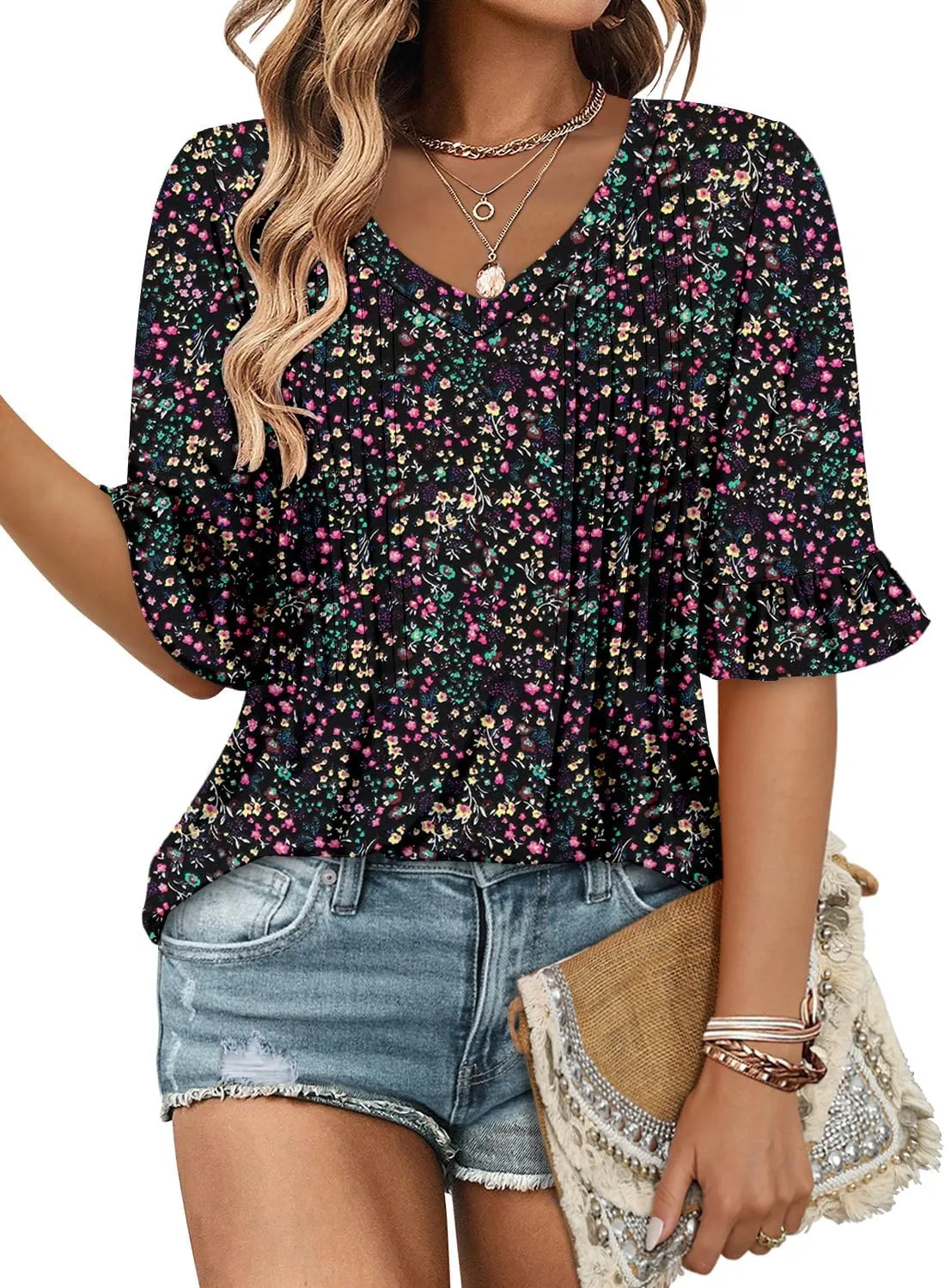 StunShow Womens Blouses Short Sleeve Summer Shirts Tunic Tops for Women Floral Women Tops Dressy Casual