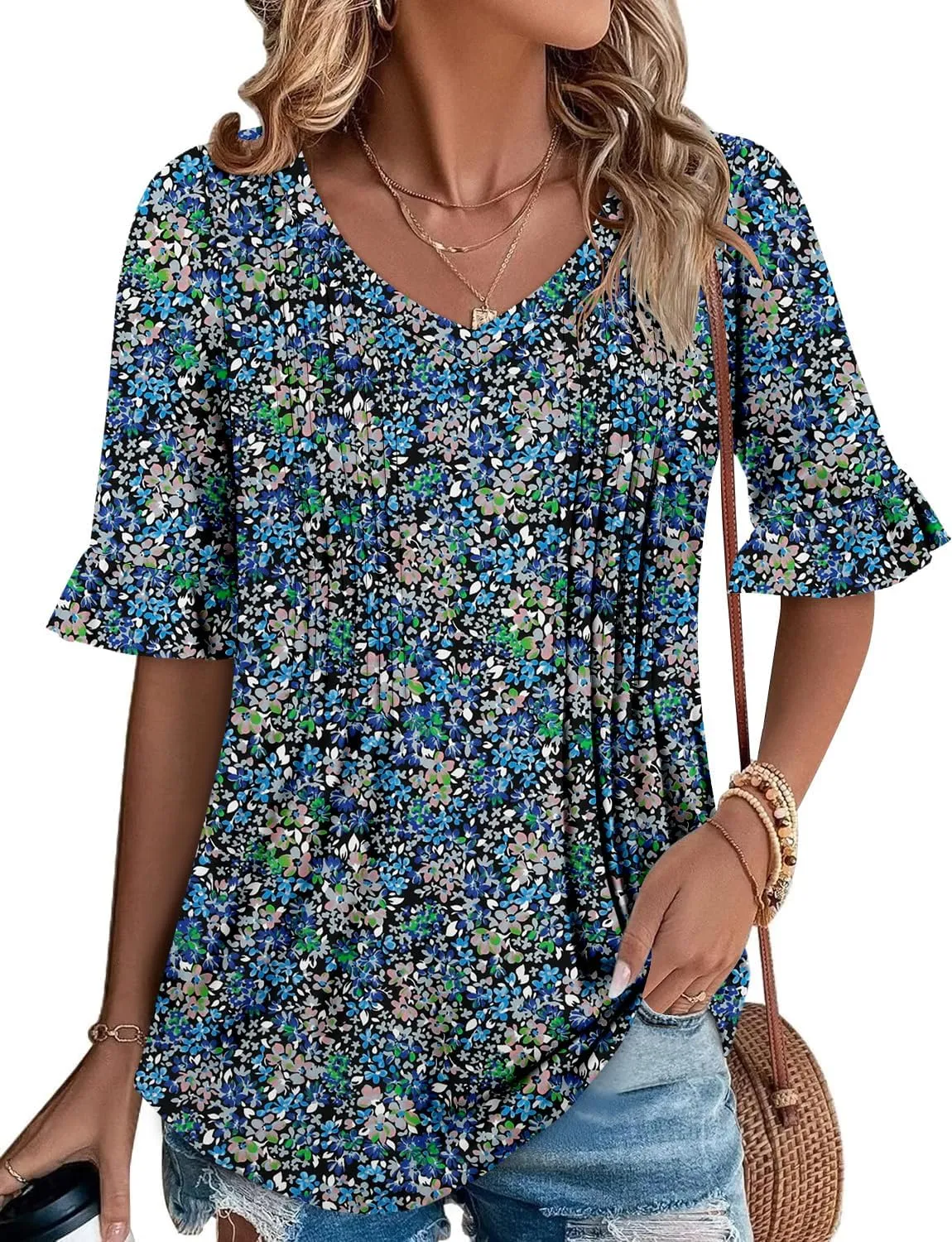 StunShow Womens Blouses Short Sleeve Summer Shirts Tunic Tops for Women Floral Women Tops Dressy Casual