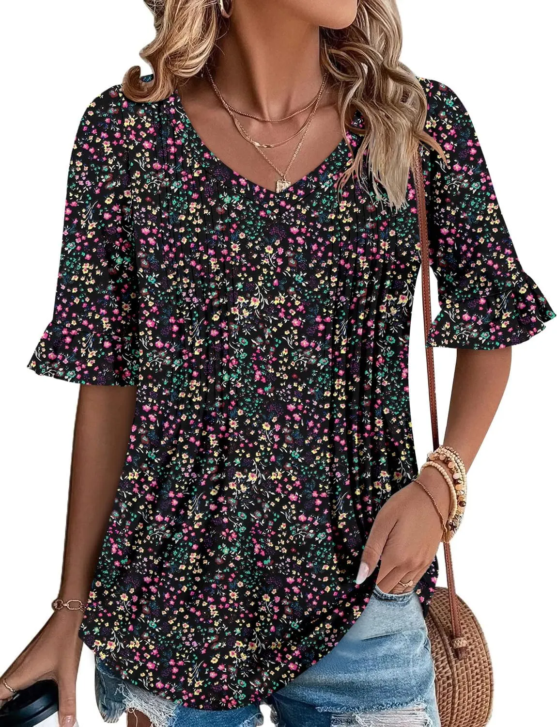 StunShow Womens Blouses Short Sleeve Summer Shirts Tunic Tops for Women Floral Women Tops Dressy Casual