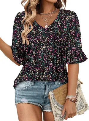 StunShow Womens Blouses Short Sleeve Summer Shirts Tunic Tops for Women Floral Women Tops Dressy Casual
