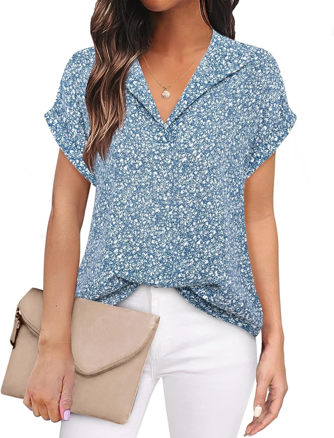 Timeson Women's Short Sleeve Chiffon Blouses for Office Work Business Attire Collared Shirts