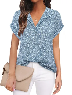 Timeson Women's Short Sleeve Chiffon Blouses for Office Work Business Attire Collared Shirts