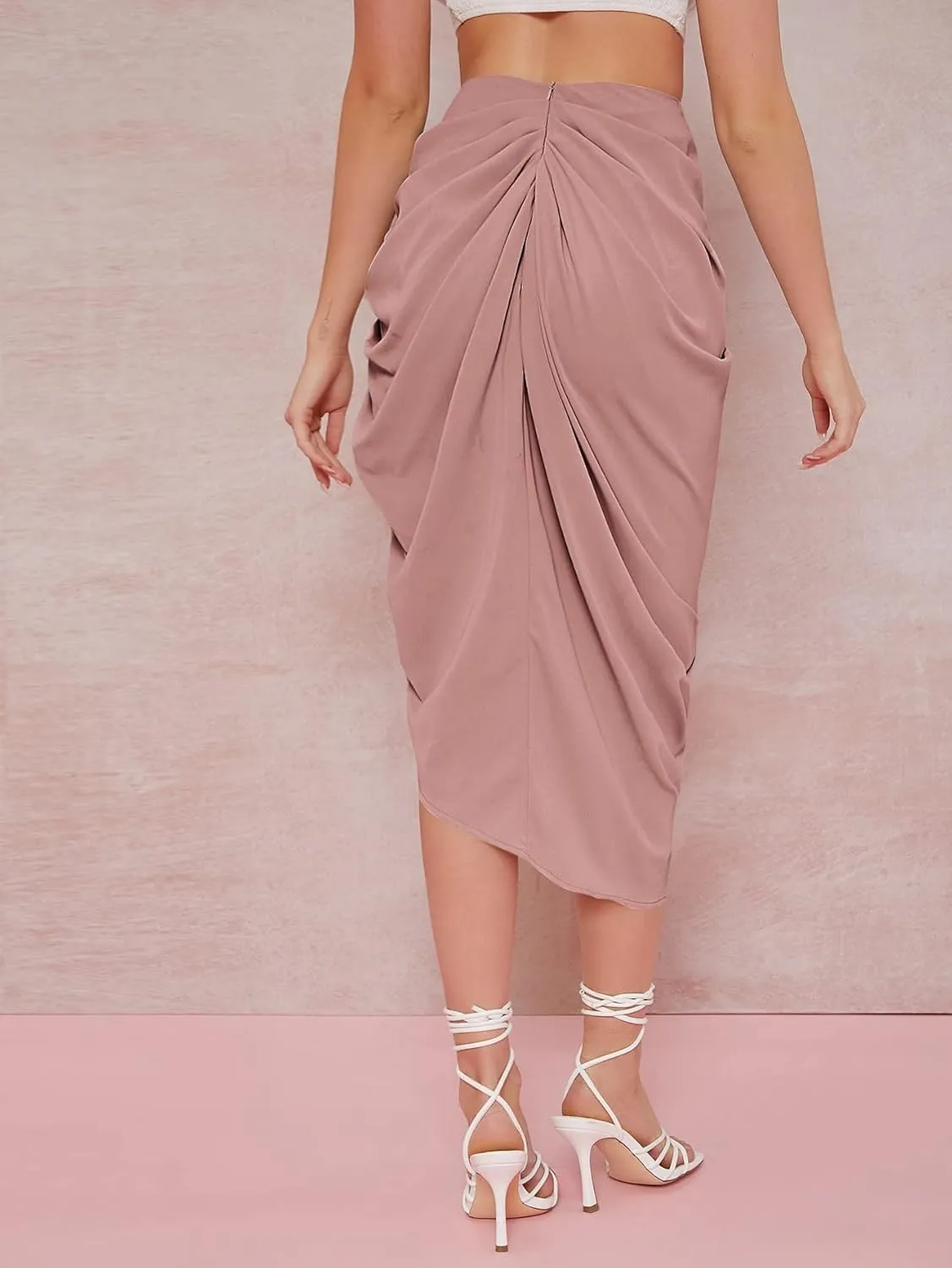 WDIRARA Women's Skirts Split Thigh Front Satin Skirt High Waist Ruched Zip Back WrapMidi Skirt