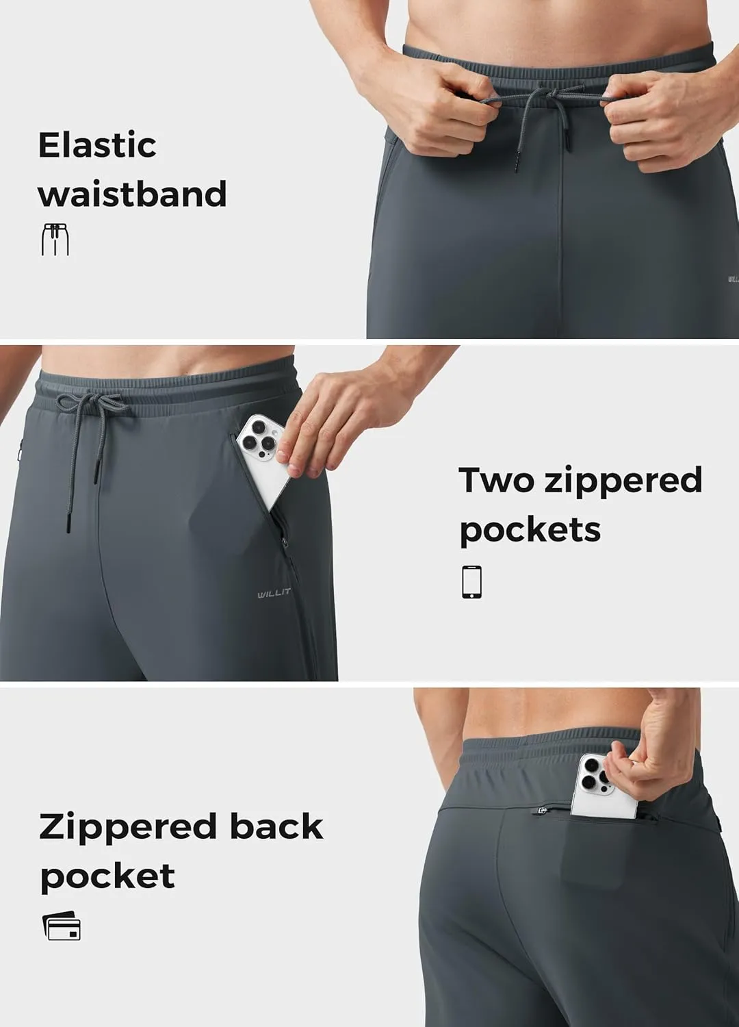 Willit Men's Sweatpants Workout Joggers for Men Athletic Jogging Running Gym Active Pants with Zipper Pockets