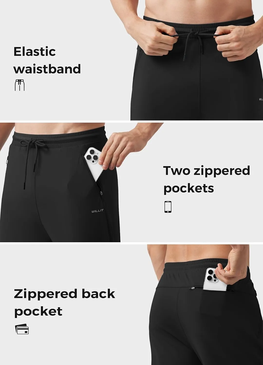 Willit Men's Sweatpants Workout Joggers for Men Athletic Jogging Running Gym Active Pants with Zipper Pockets