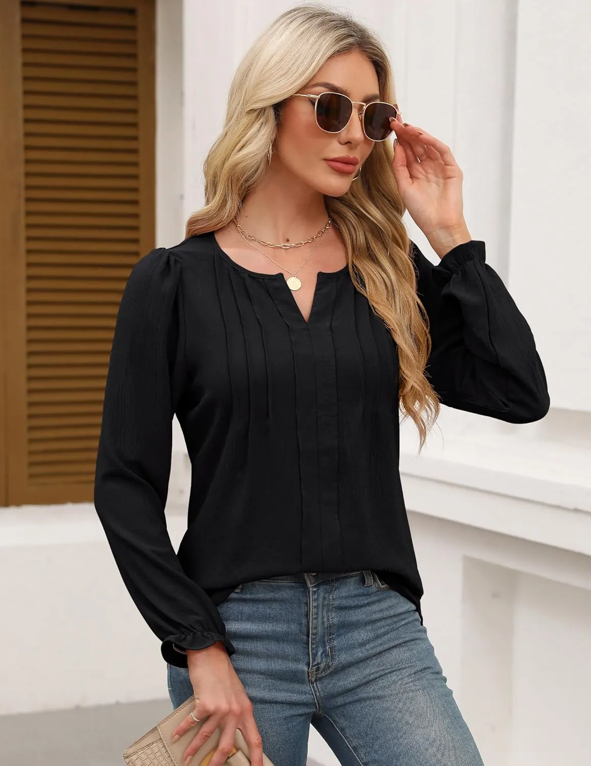 Womens Dressy Tops Casual Business Work Long Sleeve Shirts V Neck Flowy Blouses 2025 Spring Trendy Outfits