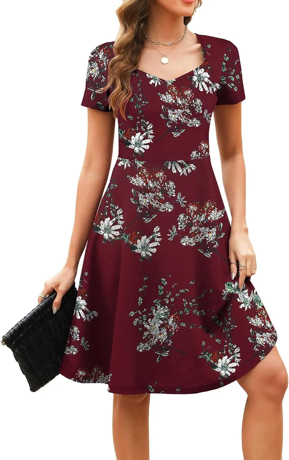 Women's Elegant Vintage Summer Sweetheart Neck Short Sleeve Casual Work Party Business A-Line Dress 163