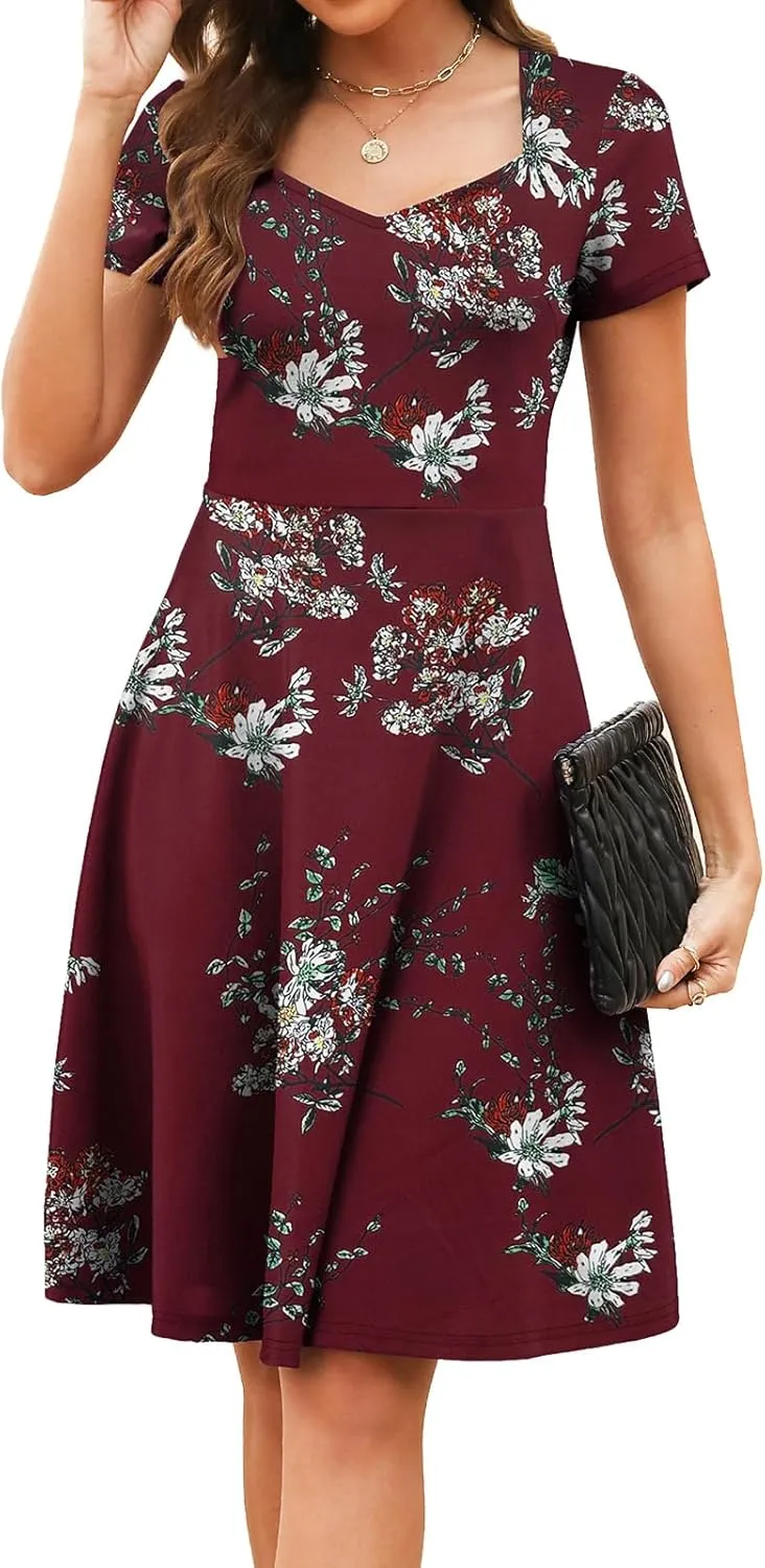 Women's Elegant Vintage Summer Sweetheart Neck Short Sleeve Casual Work Party Business A-Line Dress 163