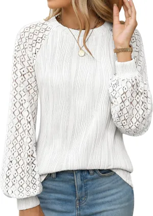 Womens Long Sleeve Textured Shirts Lace Tops Dressy Business Casual Blouses Trendy Outfits 2025