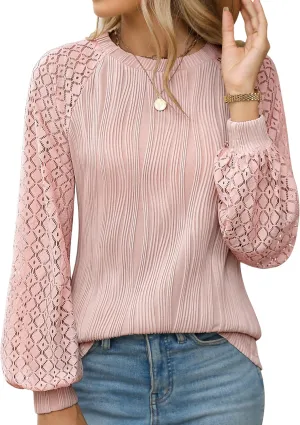 Womens Long Sleeve Textured Shirts Lace Tops Dressy Business Casual Blouses Trendy Outfits 2025