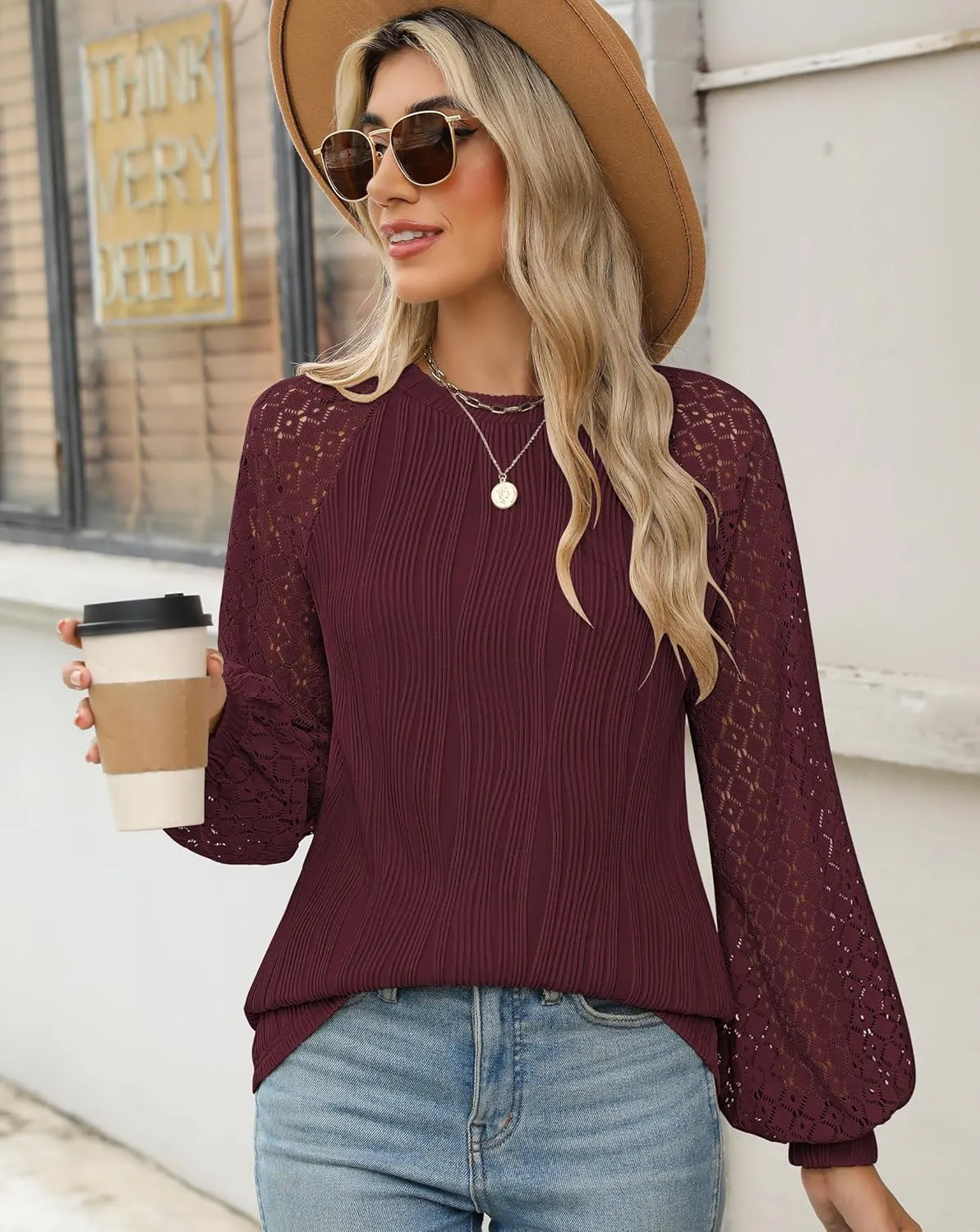 Womens Long Sleeve Textured Shirts Lace Tops Dressy Business Casual Blouses Trendy Outfits 2025