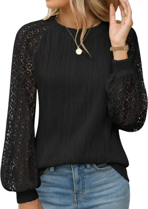 Womens Long Sleeve Textured Shirts Lace Tops Dressy Business Casual Blouses Trendy Outfits 2025