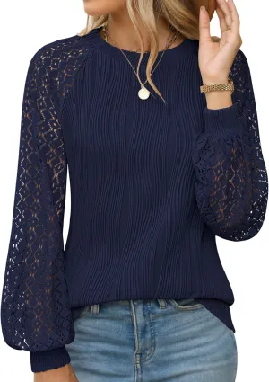 Womens Long Sleeve Textured Shirts Lace Tops Dressy Business Casual Blouses Trendy Outfits 2025
