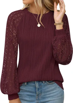 Womens Long Sleeve Textured Shirts Lace Tops Dressy Business Casual Blouses Trendy Outfits 2025